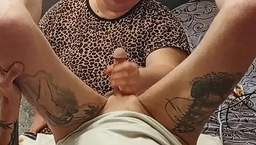 The neighbor plays with my cock with her mouth and hands until I cum