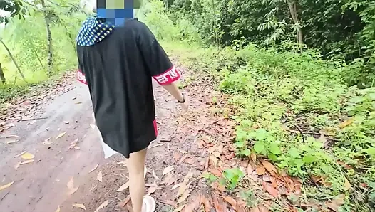 Thai Girl Walking Showing Along the Side of the Field Road in the Countryside Thai Outdoor Public