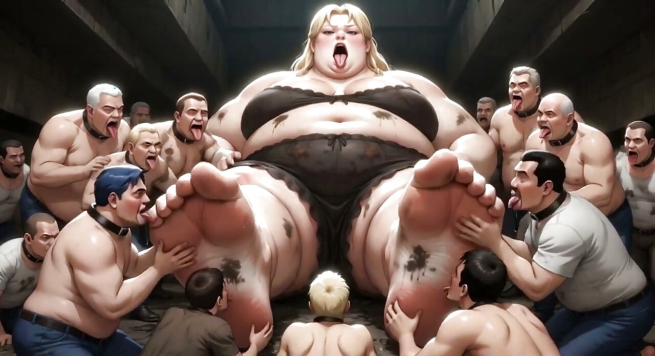 Enorme giganta obesa grandota - esclavas lamiendo y limpiando sus pies grandes