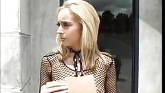 Sexy blonde in black fishnet top gives head and gets fucked by three guys