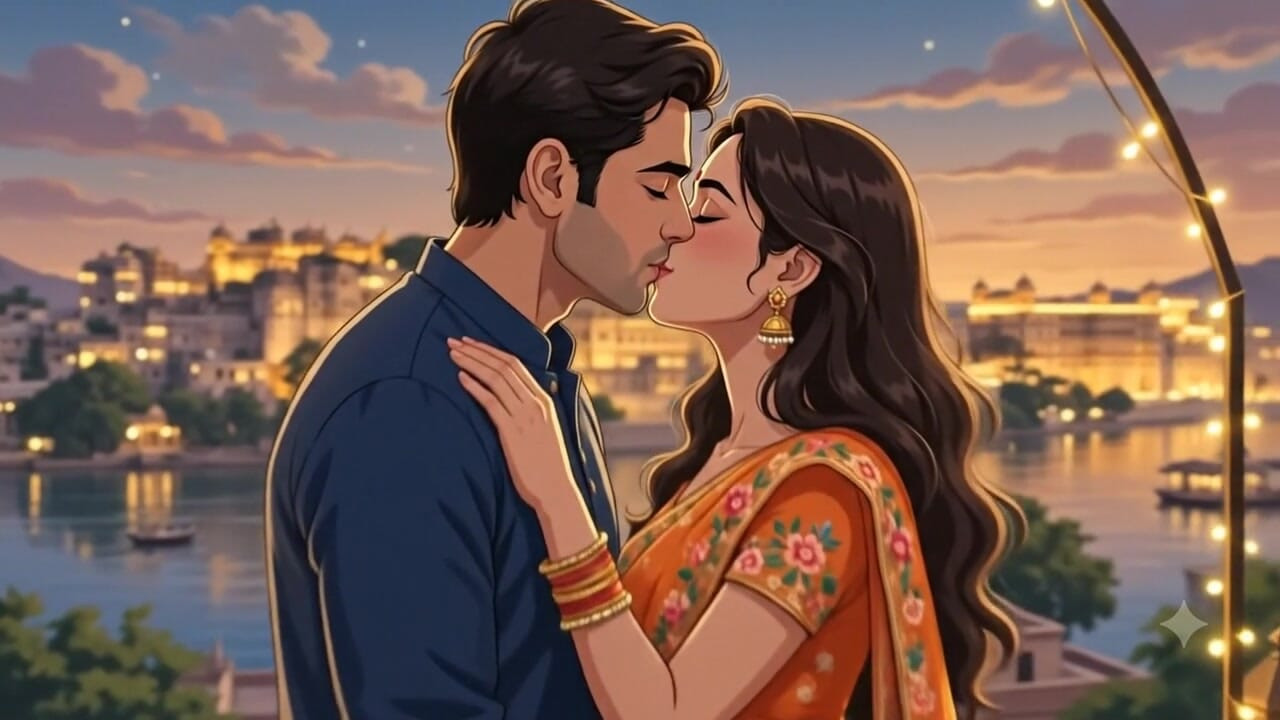 Deep kissing couple scene