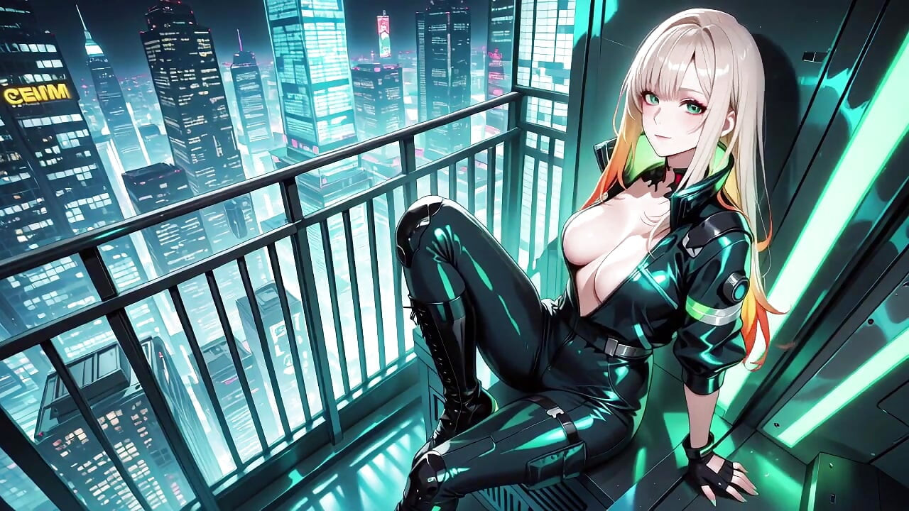 Neon Rain Night! Blonde Agent in Wet Leather Crouching Low, Holographic Glow & Cold Glances.