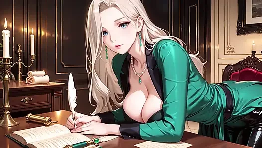 Green Suit Secretary! Ordered to organize files in the study, she deliberately exposes her deep V-neck and long legs.