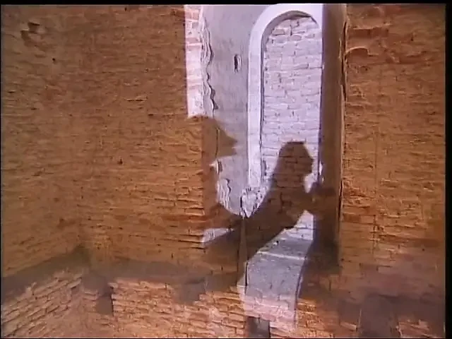 A blonde fingering her pussy in an ancient tower, finds a cock to fuck