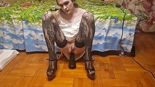 Crossdresser jumping on big sex toy dildo anal fisting 