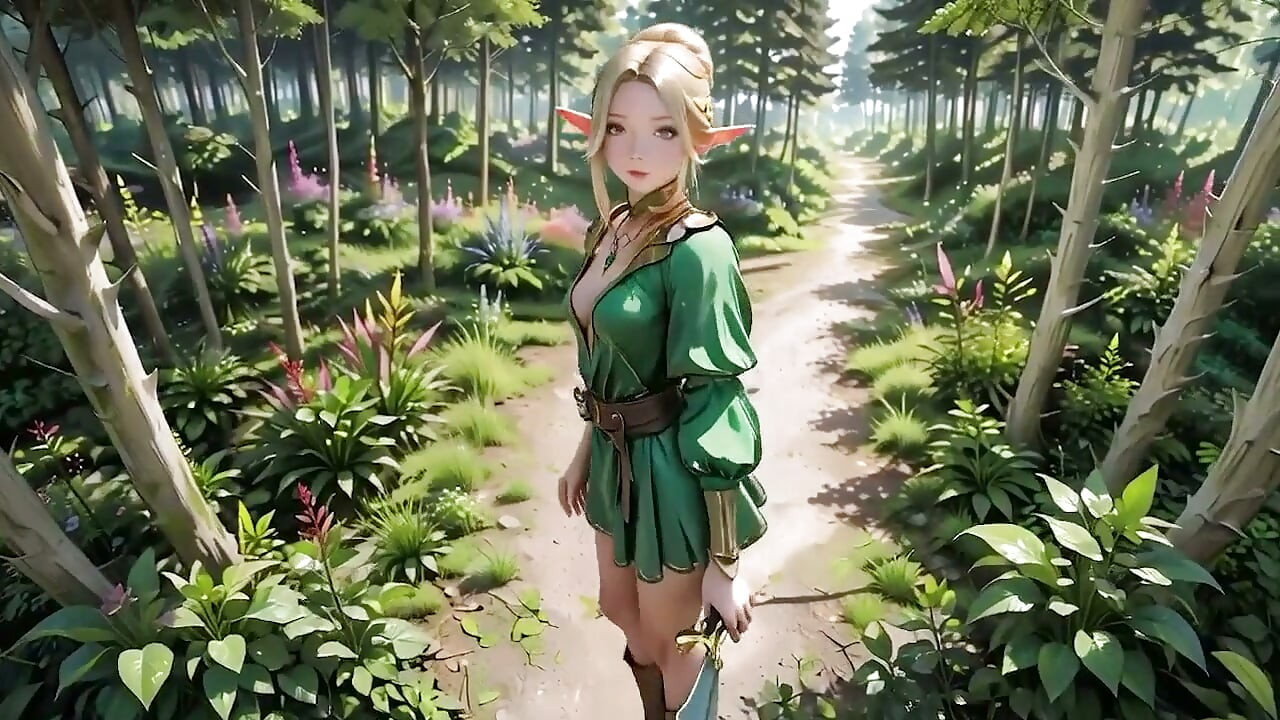 森林精灵女王! 她跪在斑驳的阳光下, 指尖跟踪工作人员, 因为她湿了.