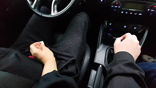 Amateur MILF gives a handjob to a taxi driver and teases him in the car, in public