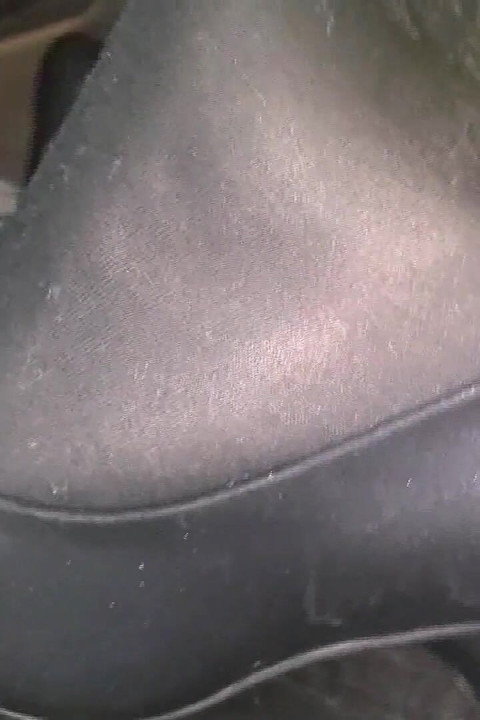 Pedal Pumping in Black Pantyhose and Grey Patent High Heels