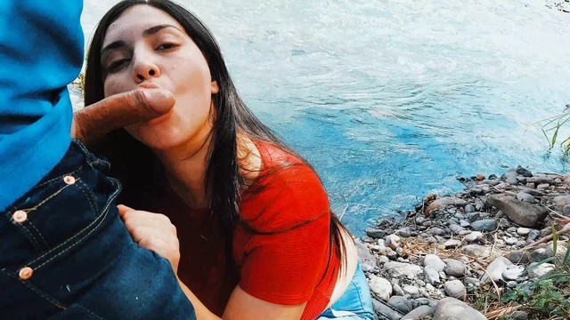 Risky passionate blowjob in nature outdoors.