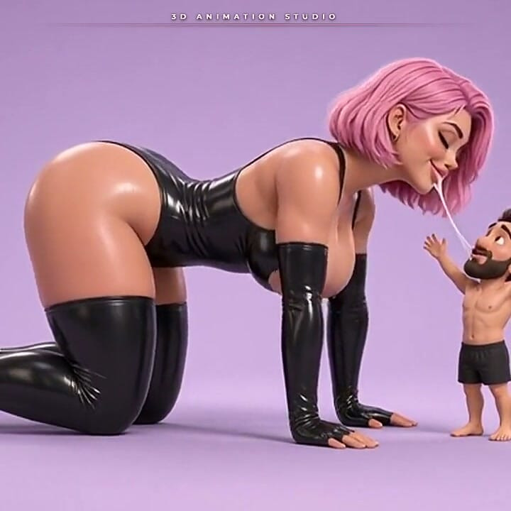 Pink-haired Latex Mistress Crawls Down for a Long Kiss with Her Tiny Man