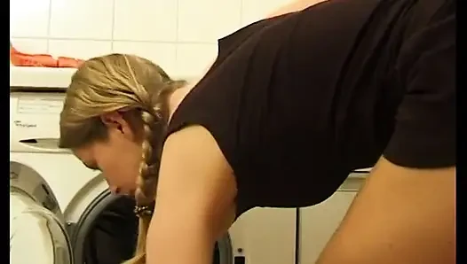 Blonde teen with round butt sucking cock and getting fucked in the kitchen