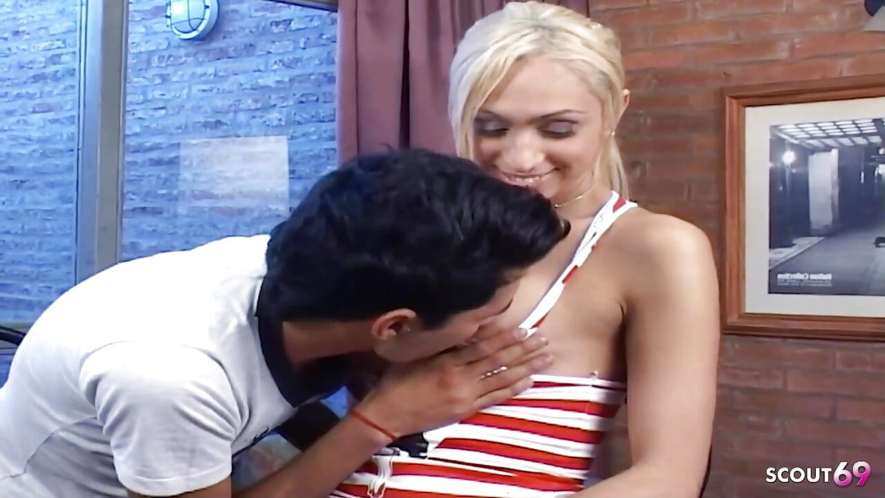 Blonde Big Tit Shemale Fucked Anally by Young Latino in Villa