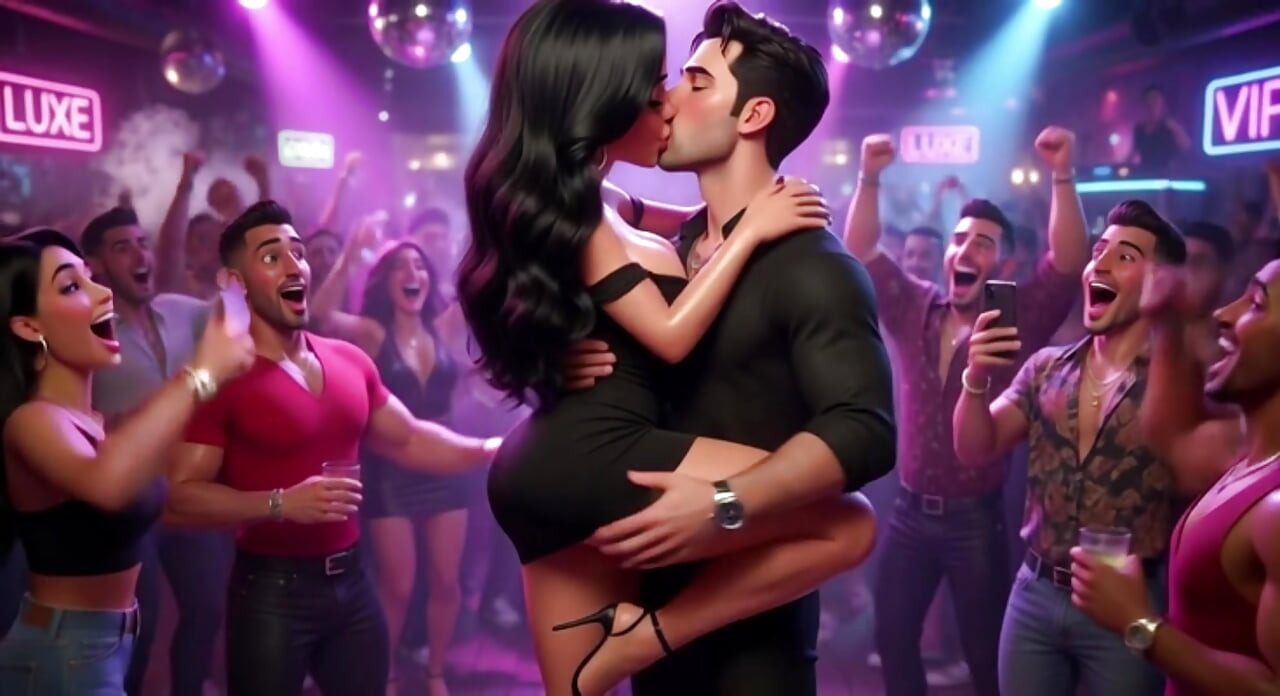 Bela mulher gosta de noite emocionante no clube vibrante dançando beijando homens e ficando totalmente nua em todos os quatro