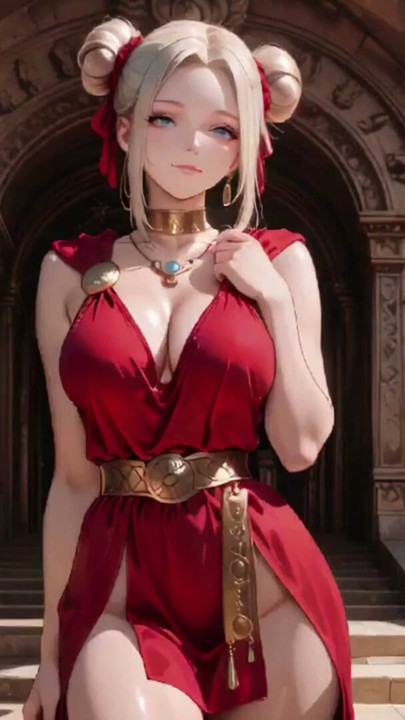 Blonde Goddess in Red! Forbidden Gaze in the Ancient Corridor, Deep V & High Slit teasing you. | Clip 1