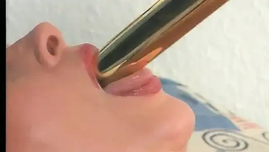 Blonde gilf wearing stockings while dildoing pussy