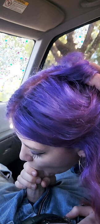 Sexy purple haired alt girl gives amazing oral sex in the car