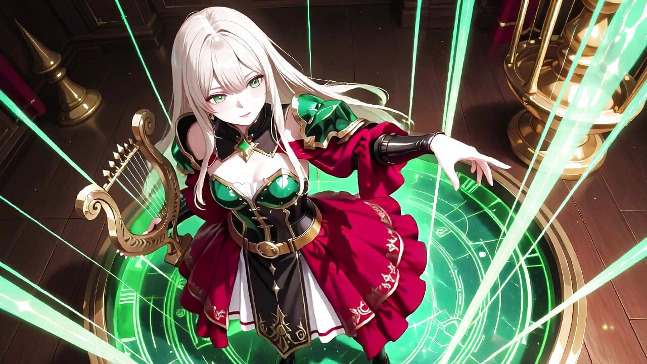 Forbidden Fantasy in Red & Green Armor! Blonde Knight Lounges Seductively While Her Silver -haired Partner Kneels to Serve