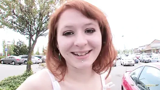 Redhead babe gets picked up and penetrated without mercy