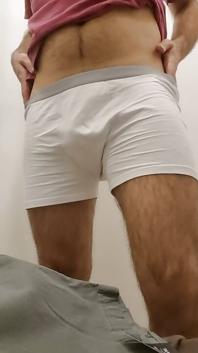 Hairy trying on clothes in the dressing room, natural bodies. Soft cock, hair and ...