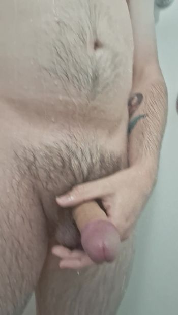 stroking my hairy uncut cock in the shower