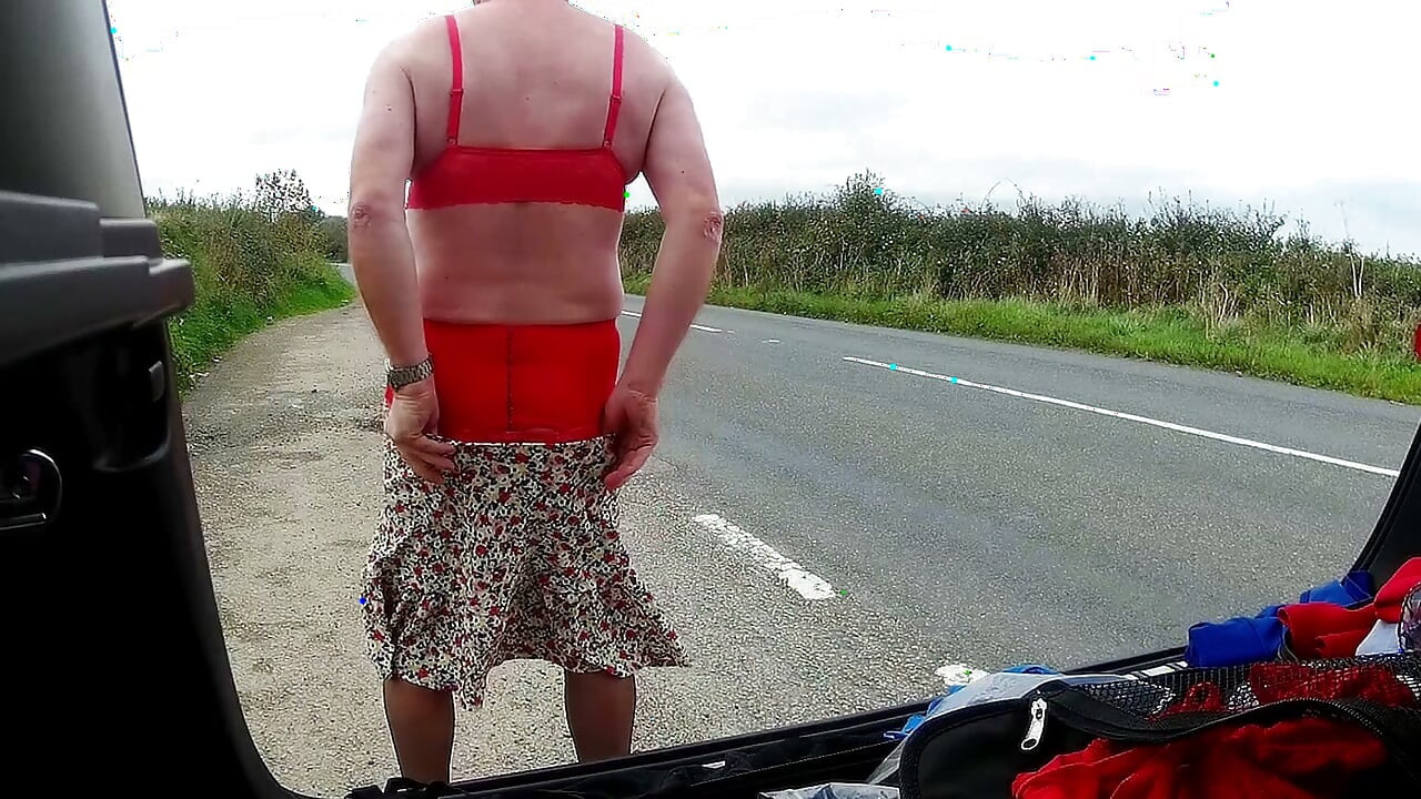 Parked at side of road and changing into cross dress, a little windy !!