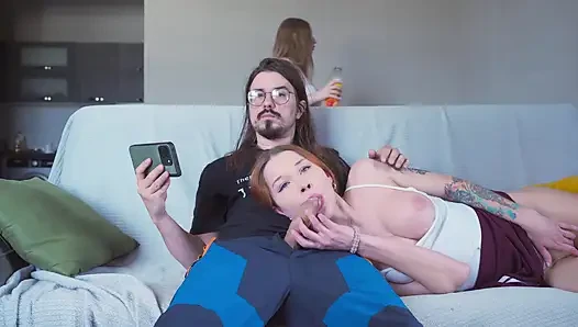 A Step Sister replaces her Step Bro's GF when she gets a call, but the girlfriend finds out and joins them