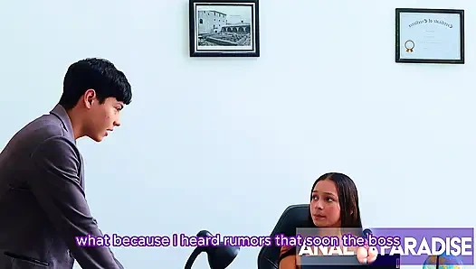 WE INVITED OUR SECRETARY TO A PRIVATE PARTY AND, ALONG WITH THE BOSS, WE FUCKED HER ASS IN A THREESOME.