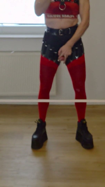 Jingle & Shake: Teasing My Bell-Pierced Cock in Red Stockings, Buffalo tower shoes & Crop Top