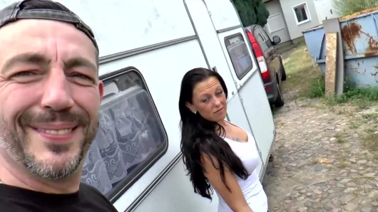 Tattooed big boobs pussy fucking in the camper