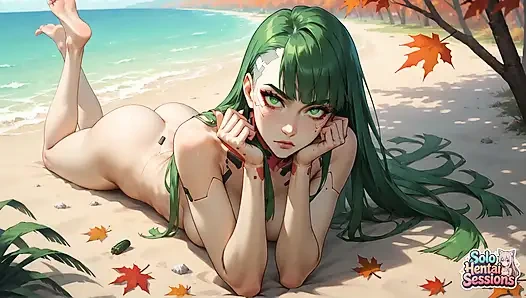 Зеленая богиня на пляже, потягивает утешение