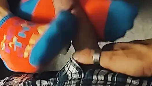 Hot Little Footjob - Pink & Blue Ankle Socks Sockjob - Cum On Socks