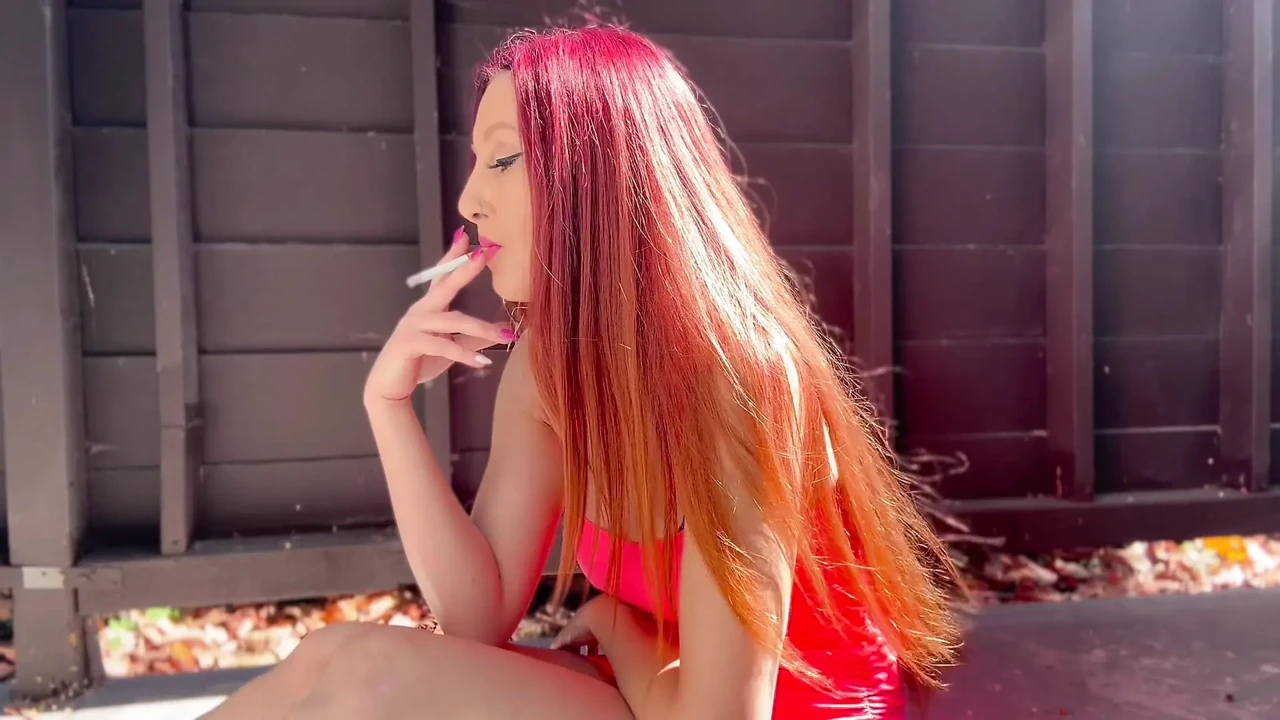 Italian Milf Artemisia Love hot solo smoking session outdoor long hair fetish