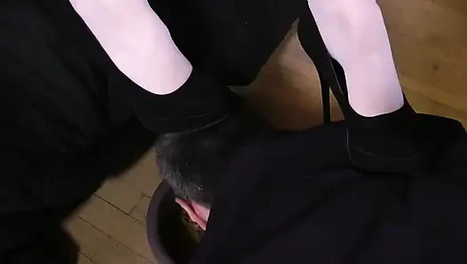 Cuckold condom feeding humiliation from bowl!