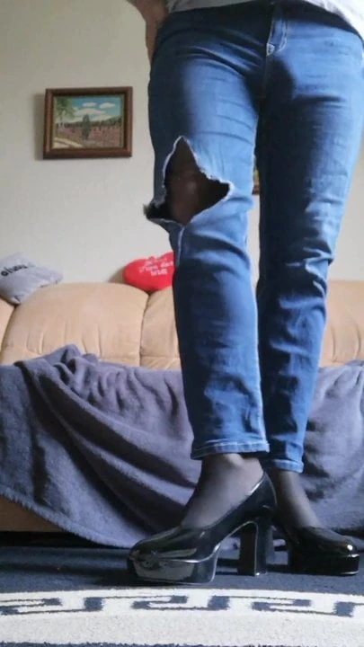 Destroyed jeans with Mary Jane's and pantyhose