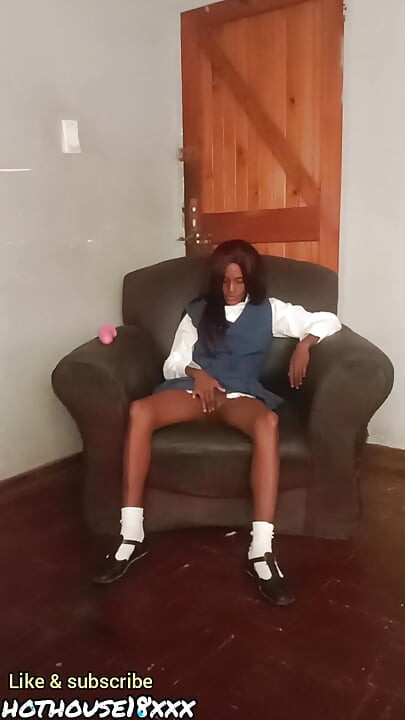 Hot 18 year old school girl plays with pink vibrator on launch chair