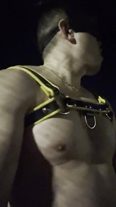 Midnight Muscle Tease: Asian Hunk Flexes Ass & Biceps in Yellow Harness on Highway Bridge