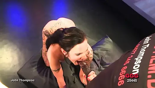 Tattooed Slut Deepthroats Multiple Cocks and Gets Covered in Cum