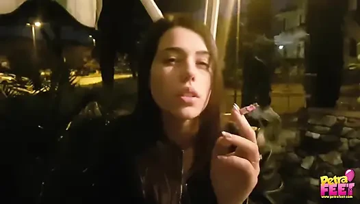 Smoking and foot fetish in outdoor with cute teen