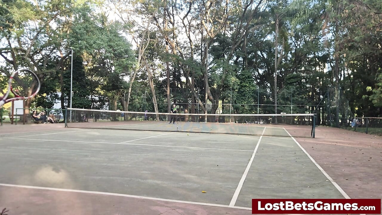 An outdoor strip tennis match with Rafaela and Igor