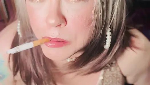 A Glam Tina Snua Smoking 2 Cigarettes Tip To Tail In Satin Gloves - Snap Inhales Drifting Smoke OMI OME Smoke Rings