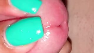 Up close pov frenulum tease on dick head with thumbs and beautiful nails