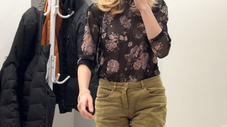 Trying my new sheer blouse in a caffe, showing my hard pierced nipples in public.