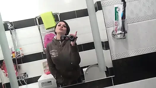 Pissing on the toilet long and a lot after long desperation and a lot of liquids