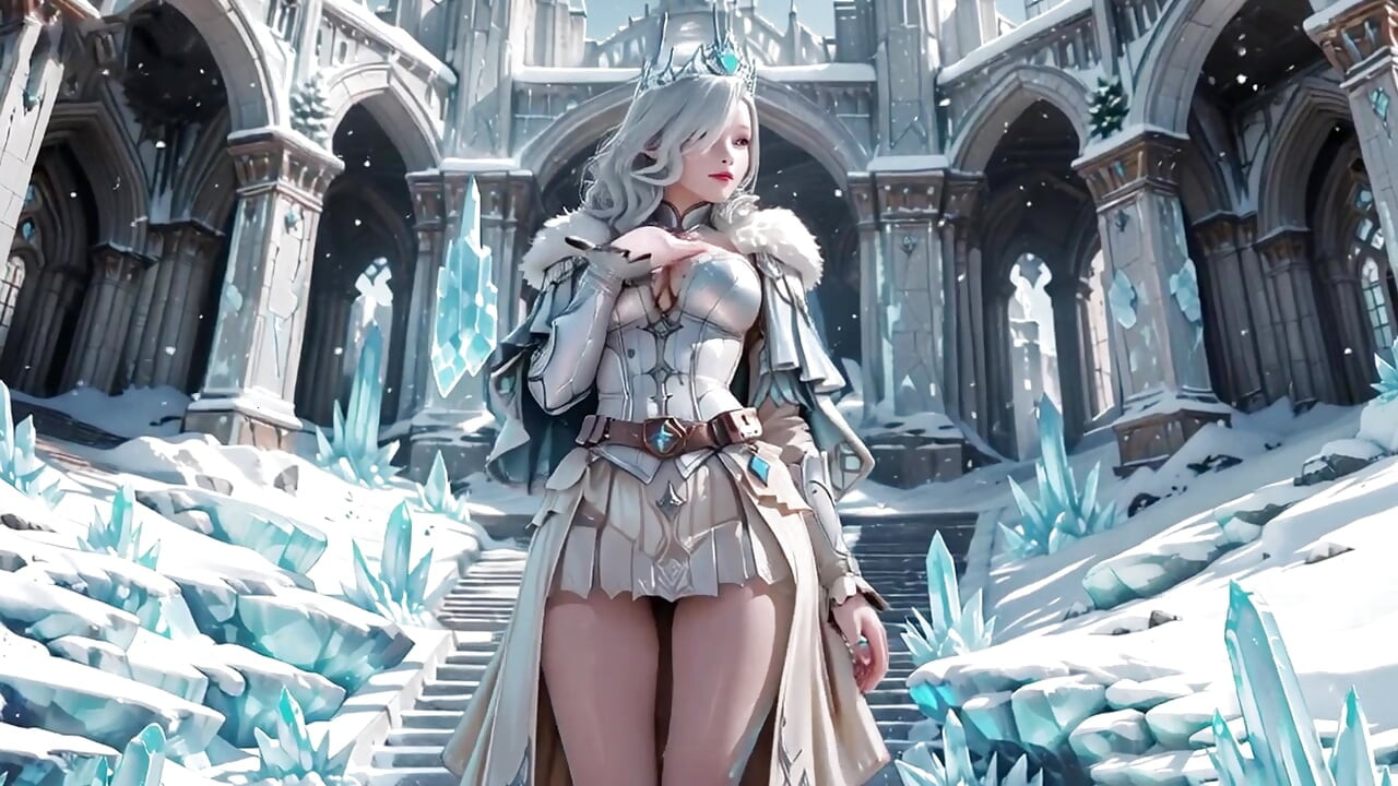 Silver-Haired Ice Queen! Kneeling in the Frozen Castle, her cold armor hides so many secrets. Hand on chest, biting lips...