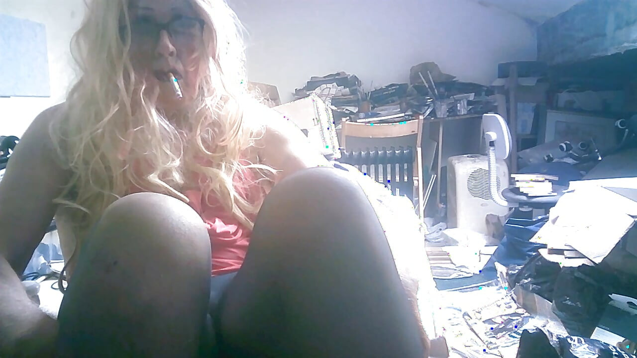 Sarah Shitcunt smokes,  fucks herself, with bottle and high heel, masturbates and smashes eggs and  cream pie over her  face