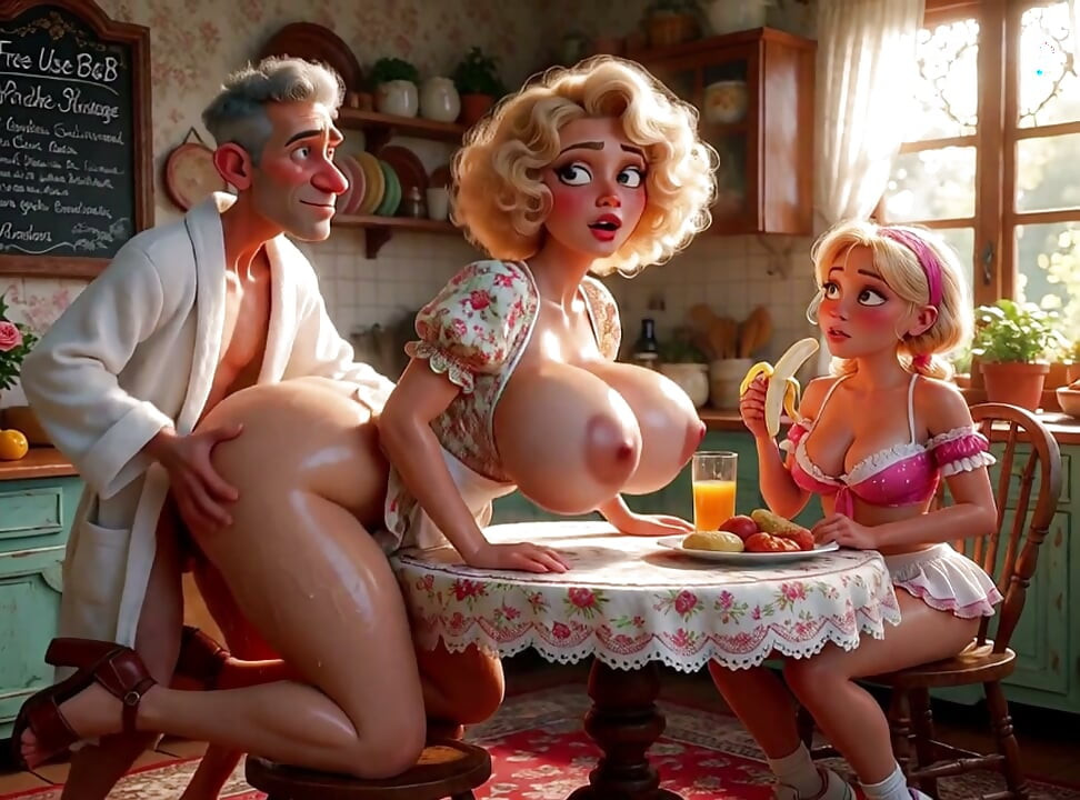 Breakfast, love, and pleasure, they offer their pussies to help him relax (AI-generated)