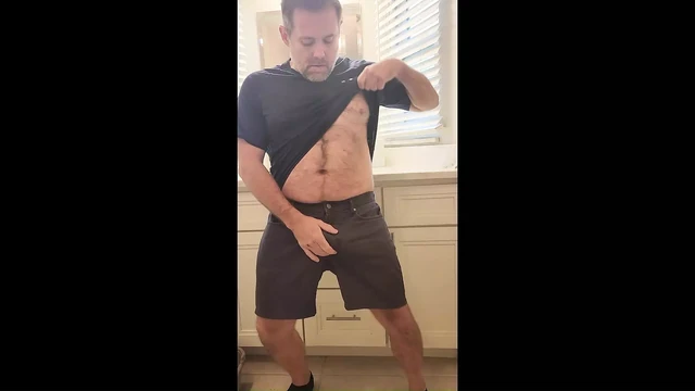 Hairy man strips, plays with toys and blows a huge load
