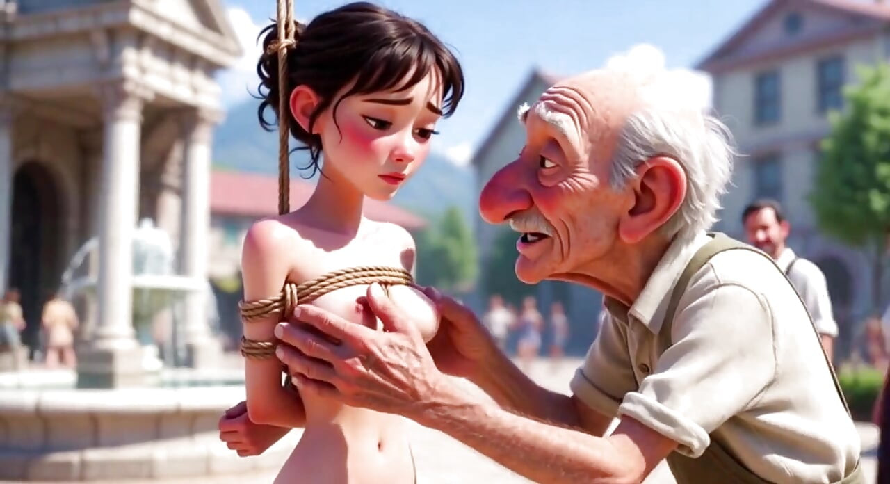 Tied Woman in Public Square - Old Man Caresses Her Body