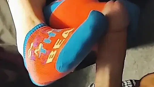 Hot Little Footjob - Pink & Blue Ankle Socks Sockjob - Cum On Socks