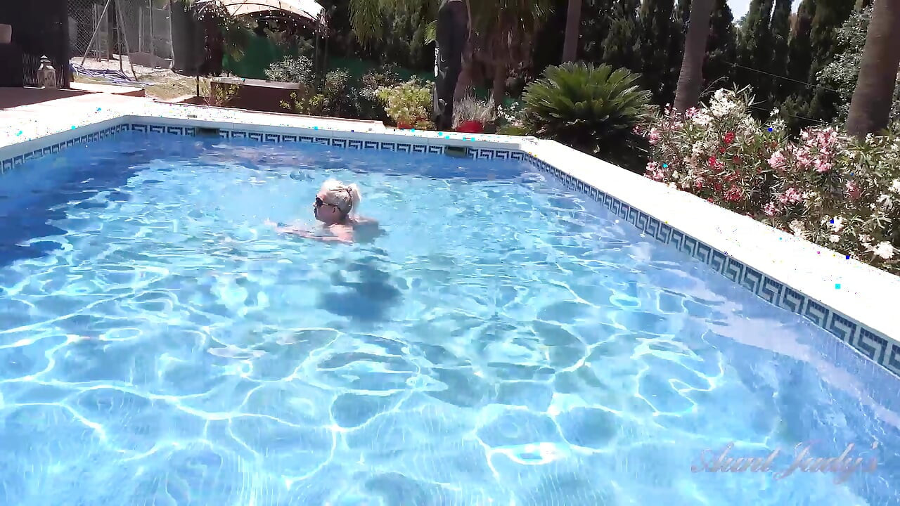 Busty Mature MILF Maggie Moon Goes Skinny Dipping and Masturbates by the Pool